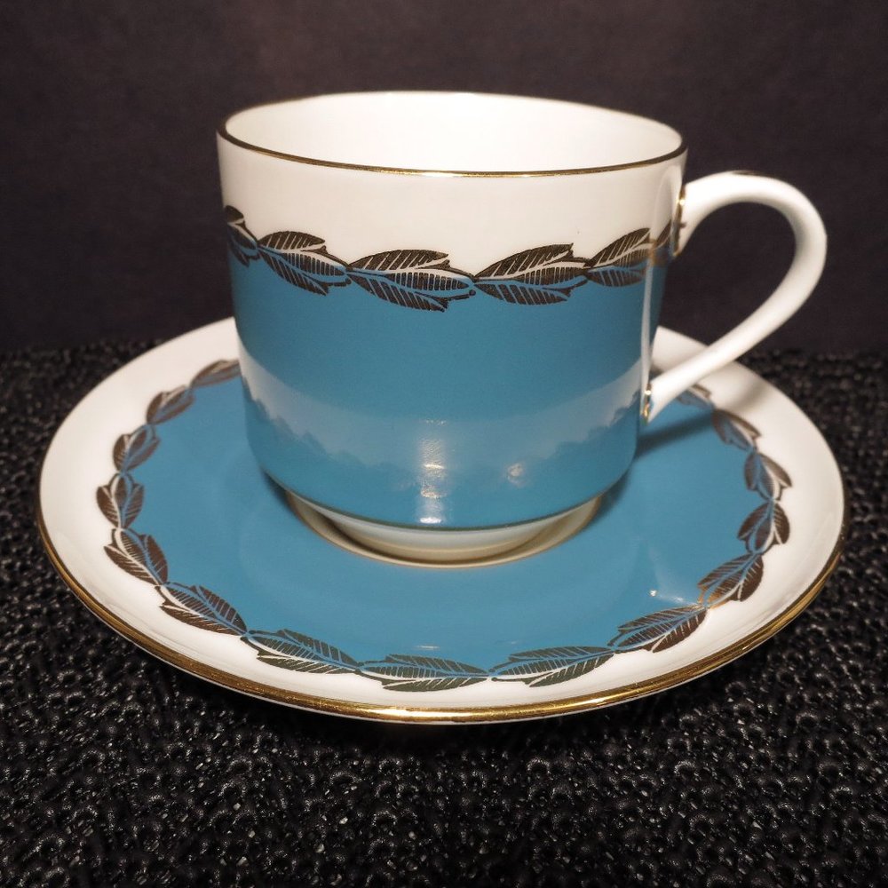 Aynsley 2725 Vintage Tea Cup Mug and Saucer Turquoise Blue Bone China England